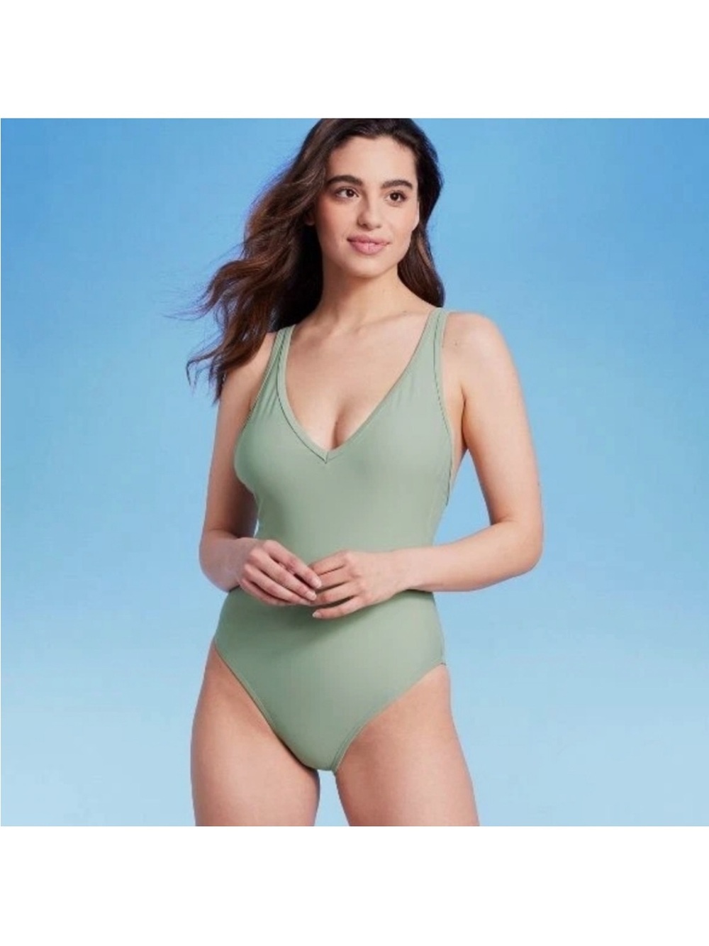 Kona Sol Sage Green V-Neck One-Piece Swimsuit